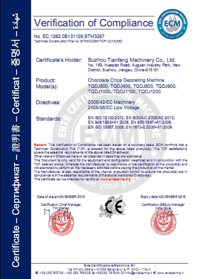 CE Certification of chocolate chips depositing line